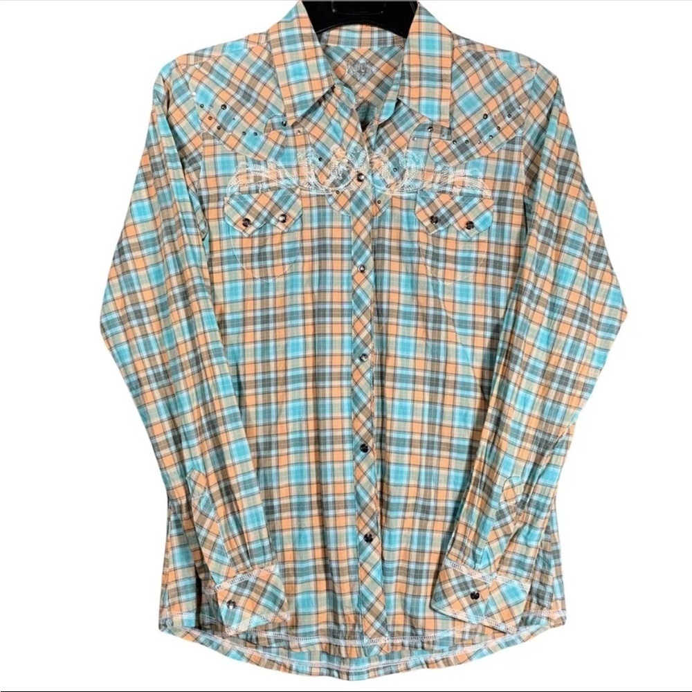 Rock 47 by Wrangler’s Women’s Green Plaid Rhinestone Snap Blouse Size L Retro
